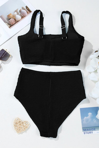 Black Corded Solid Square Neck Bikini Swimsuit