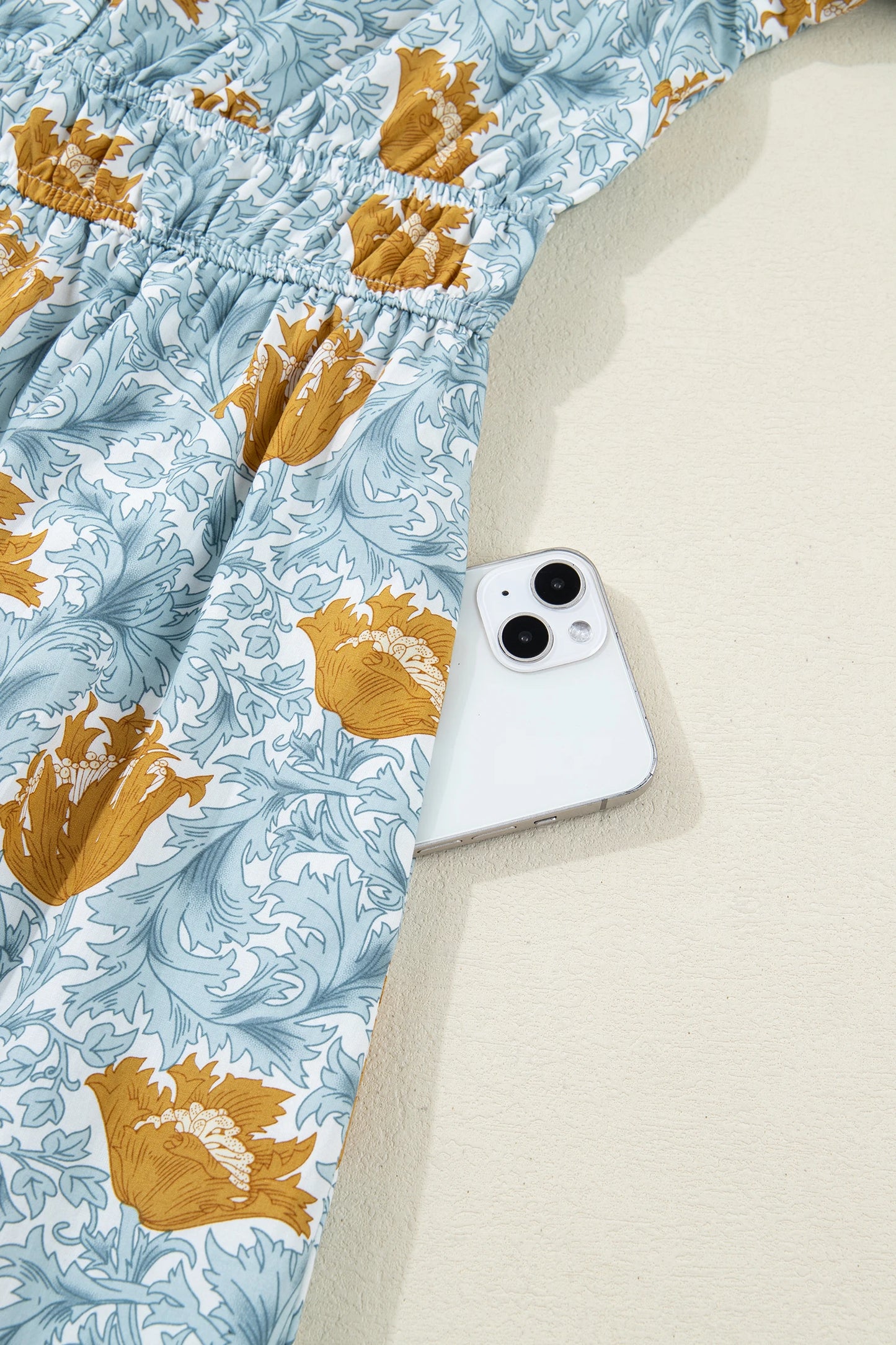 Brown Floral Printed Frilled V Neck Bracelet Sleeve Long Dress