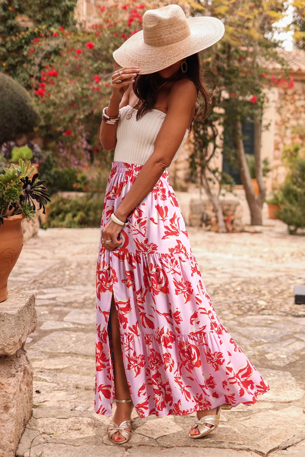 Bohemian Floral Print Tiered Maxi Skirt with Split