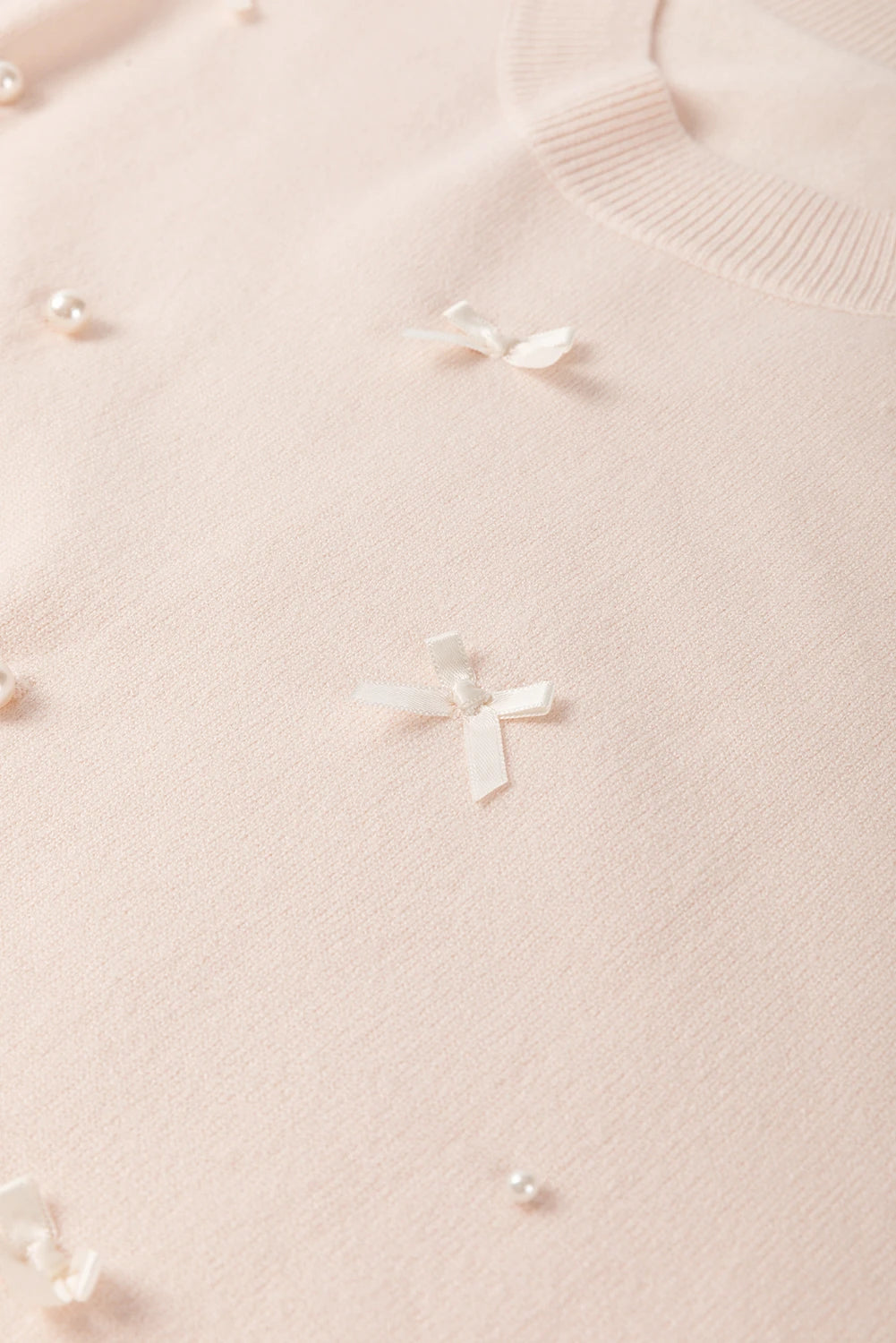 Oatmeal Pearl Bow Embellished Dolman Short Sleeve Sweater