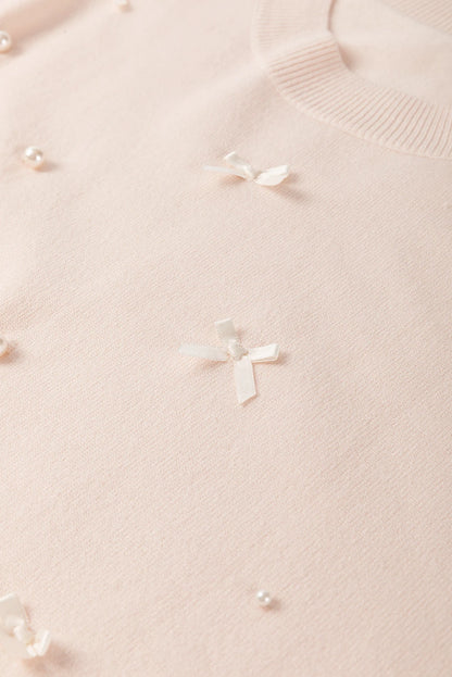 Oatmeal Pearl Bow Embellished Dolman Short Sleeve Sweater