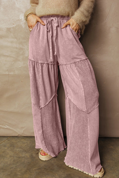 Mineral Wash Tiered Wide Leg Patchwork Drawstring Pants