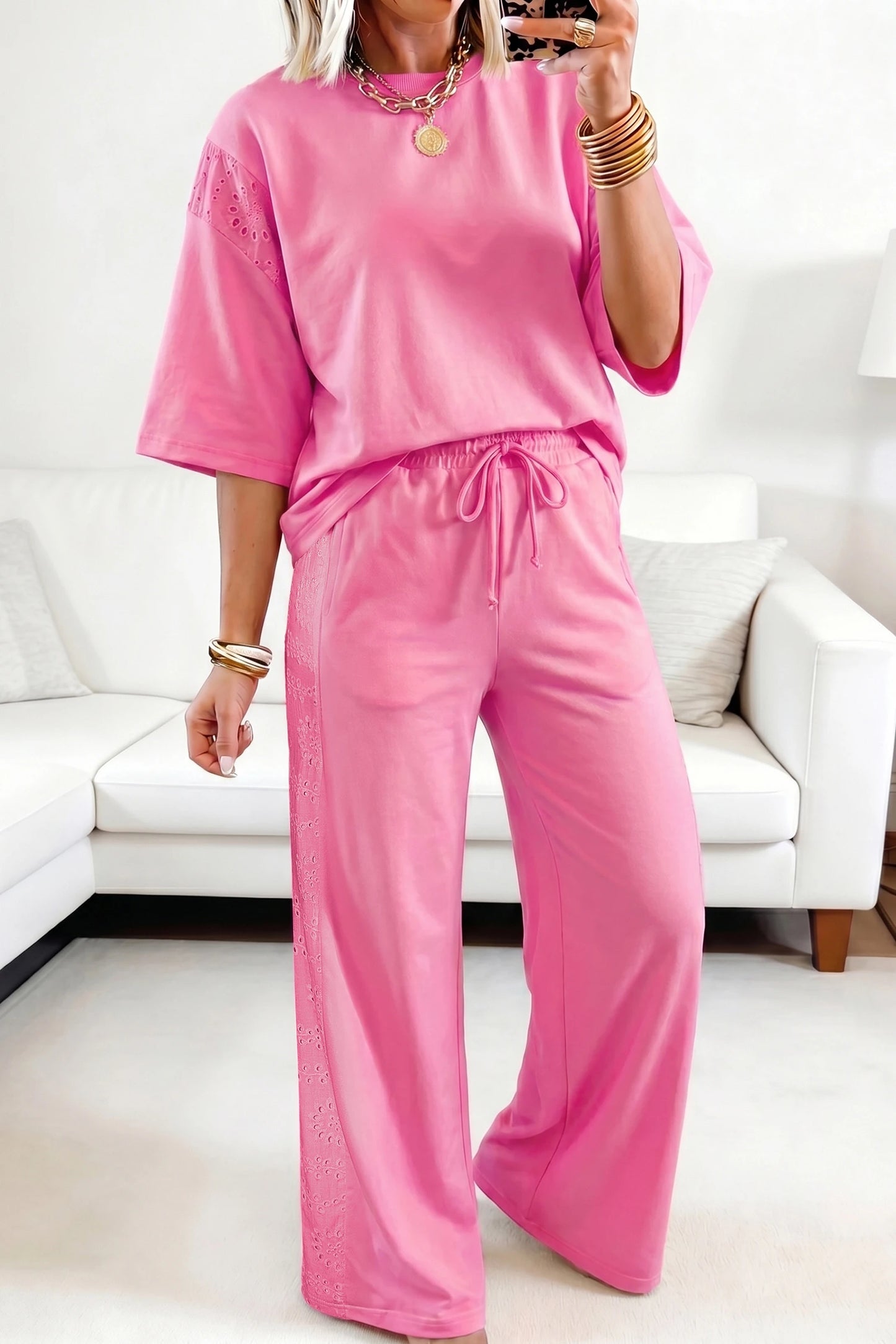Lace Patchwork Half Sleeve Top Elastic Waist Pants Two Piece Set