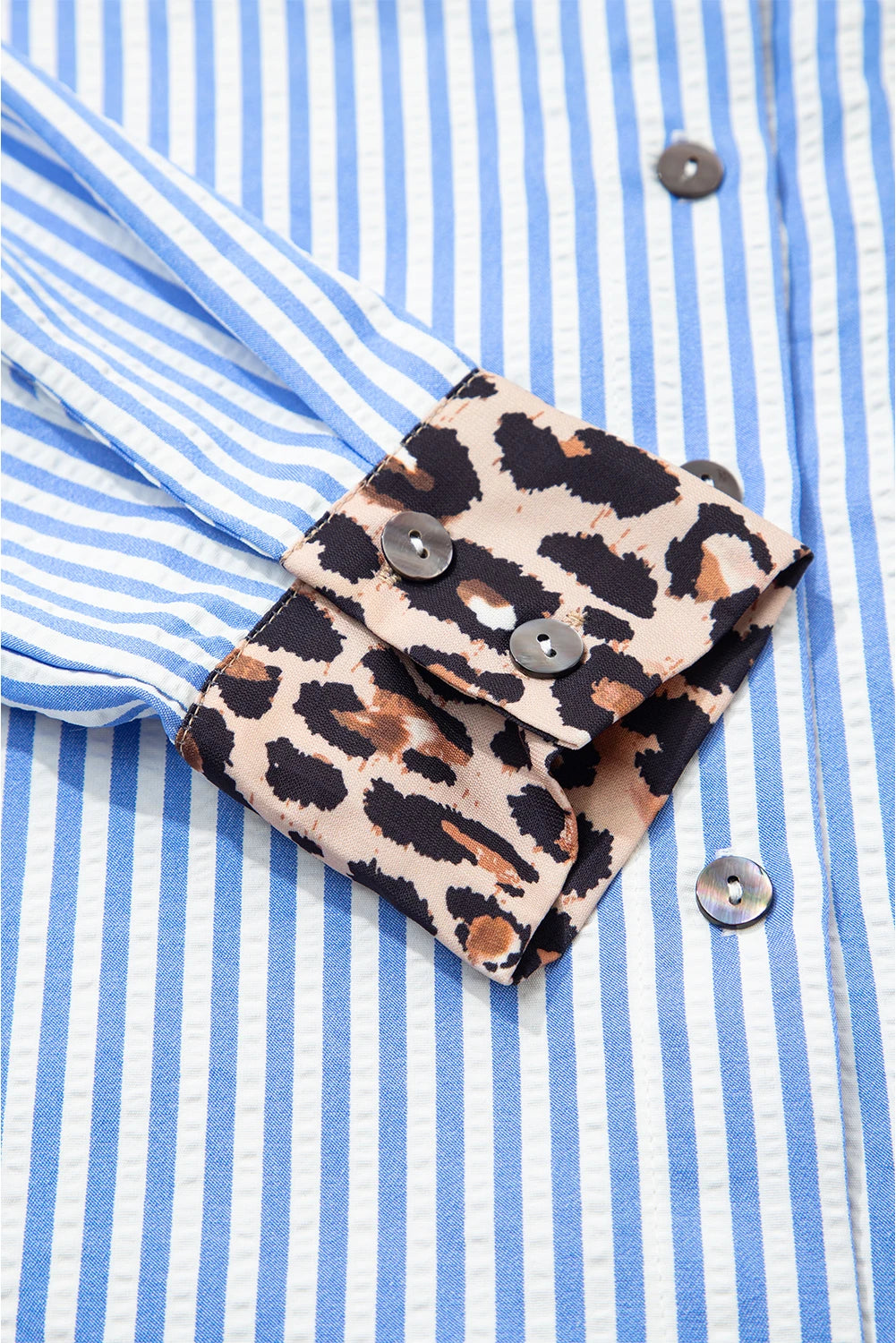 Striped Leopard Print Patchwork Button Up Women's Shirt