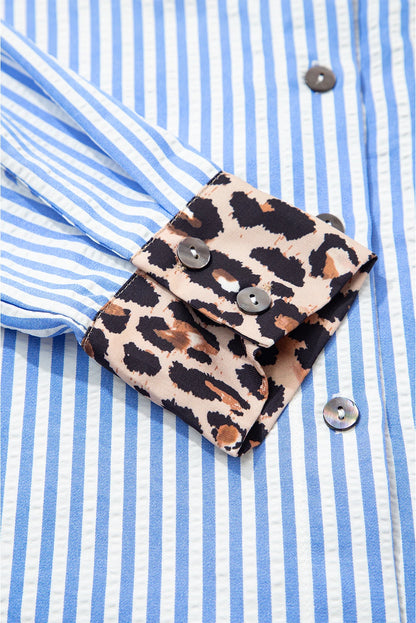 Striped Leopard Print Patchwork Button Up Women's Shirt