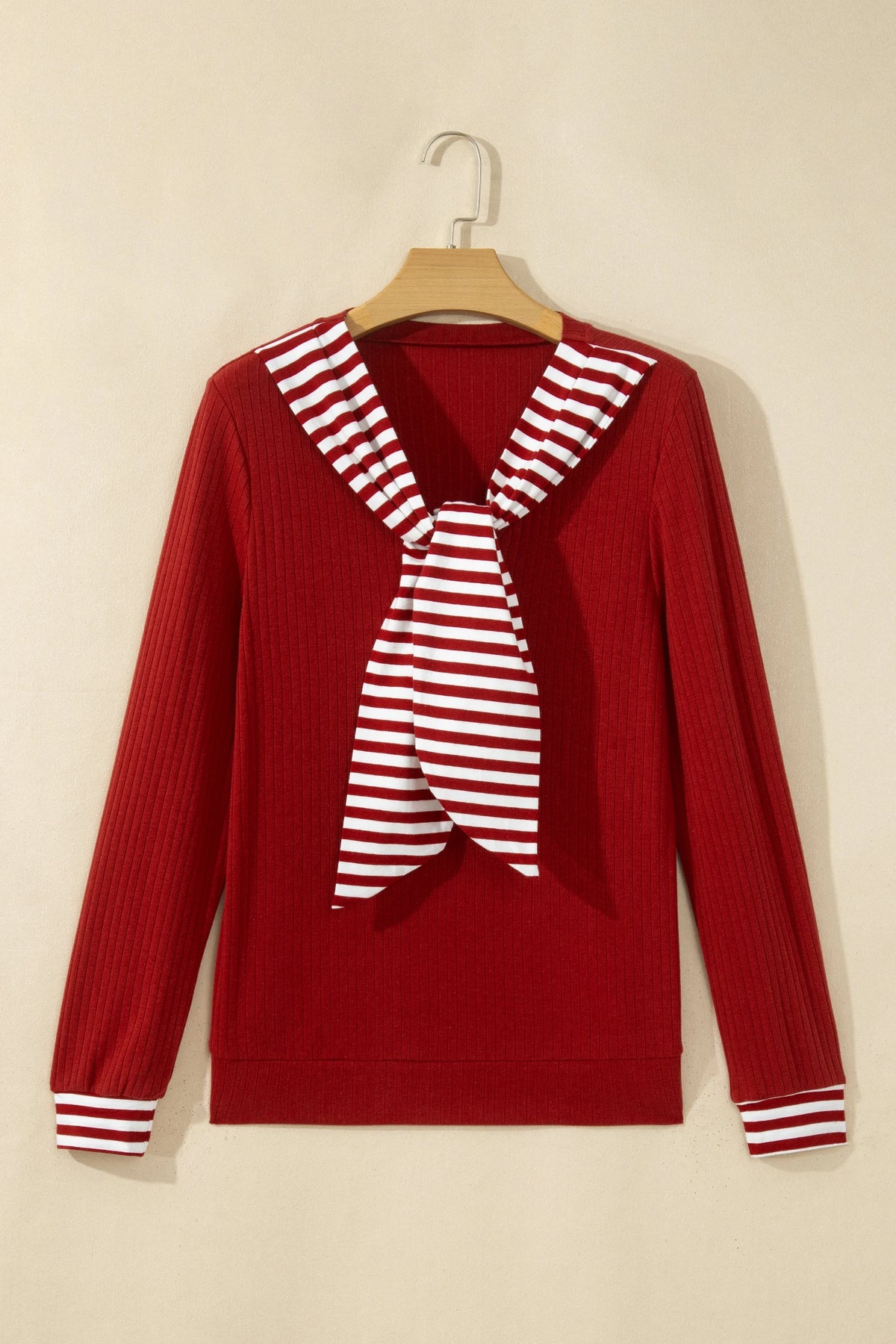 Red Dahlia Striped Contrast Tie Collar Cuffed Casual Long Sleeve Top