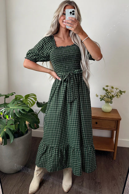 Green Plaid Square Neck Shirred High Waist Ruffle Hem Dress