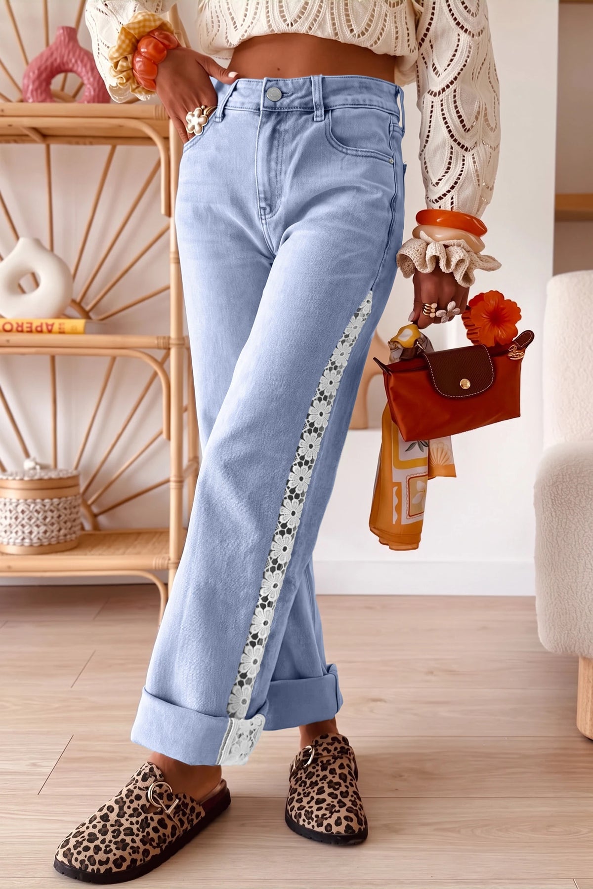 Beau Blue Hollowed Lace Patchwork Full-Length Jeans