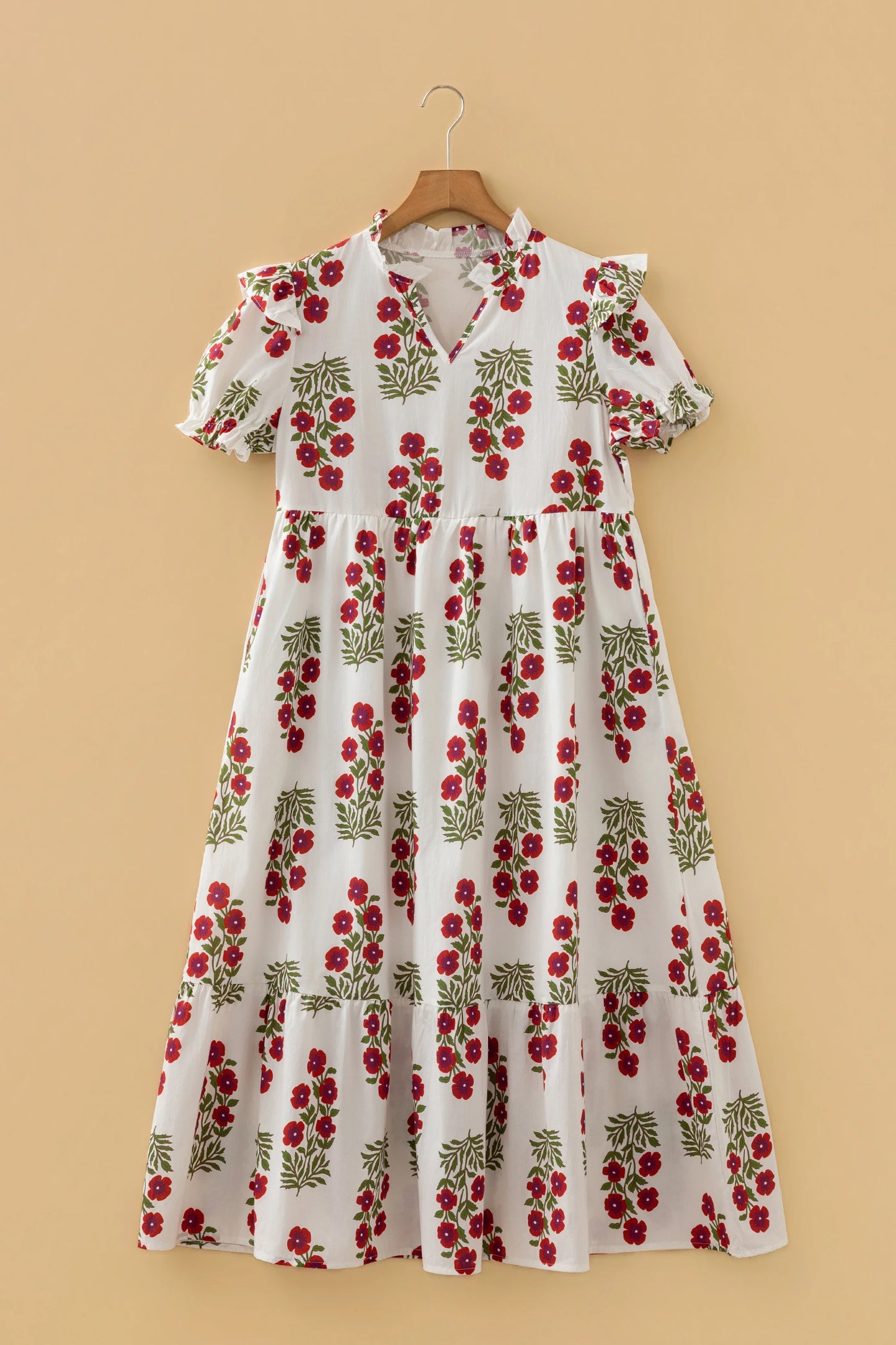 White Floral Print V Neck 3/4 Sleeve Loose Mini Dress