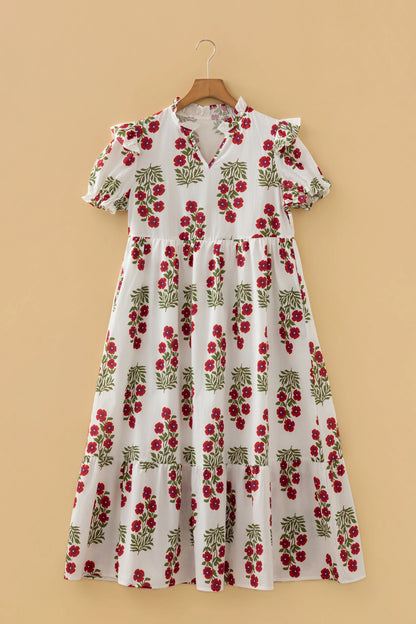 White Floral Print V Neck 3/4 Sleeve Loose Mini Dress