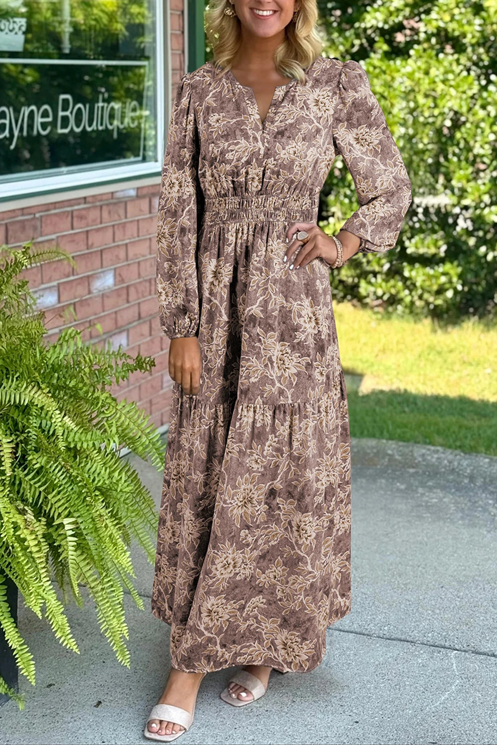 Brown Floral Print Smocked High Waist Long Sleeve Maxi Dress