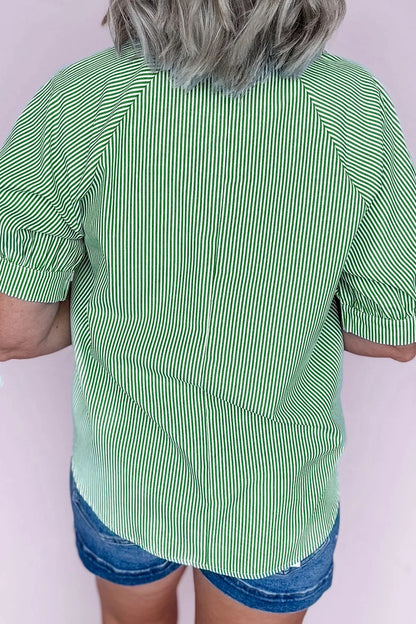 Mint Green Striped Print Collared Split Neck Half Sleeve Blouse
