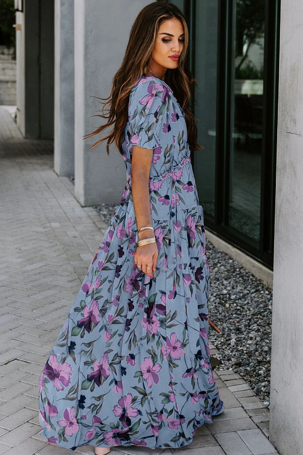 Sky Blue Fiery Floral Print Frilled V Neck Short Sleeve Maxi Dress