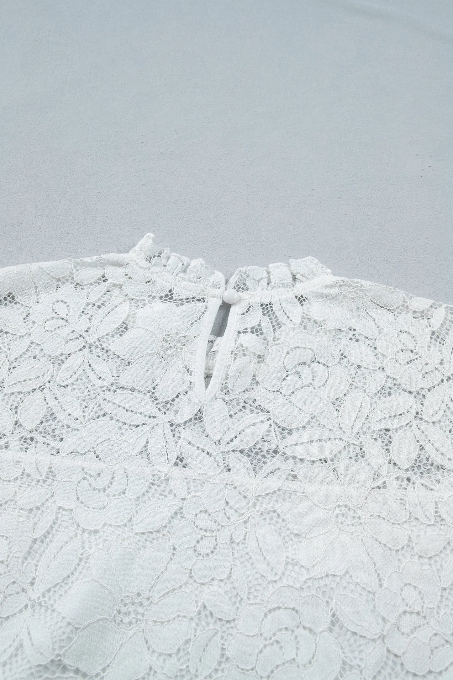 White Ruffled Round Neck Long Flounce Sleeve Sheer Lace Blouse