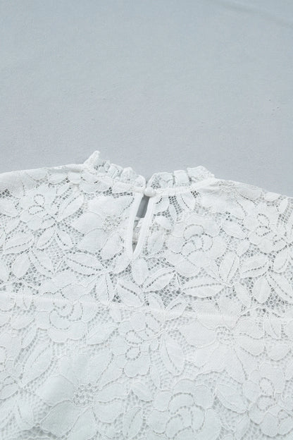 White Ruffled Round Neck Long Flounce Sleeve Sheer Lace Blouse