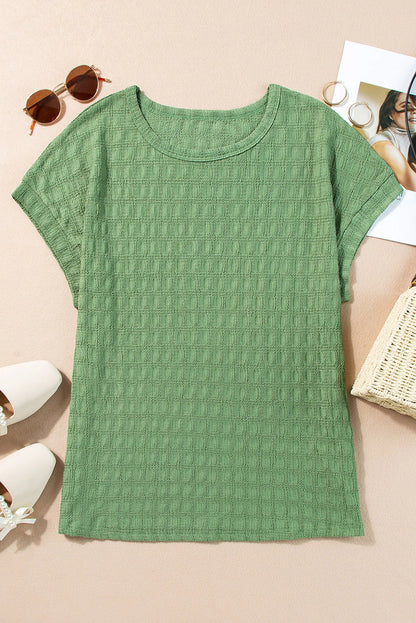 Grass Green Solid Color Textured Batwing Sleeve Tee