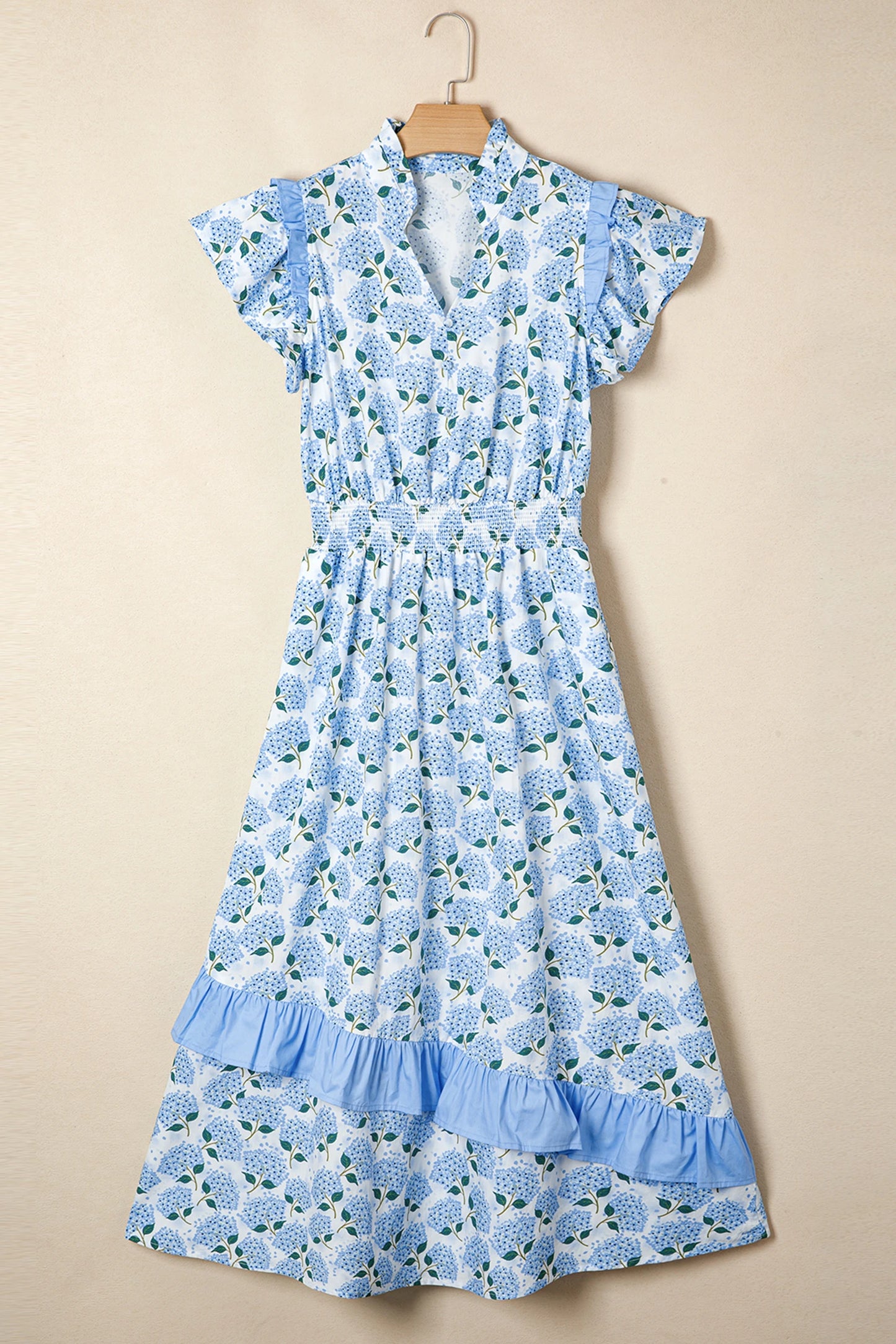 Sky Blue Hydrangea Floral Print Ruffle Trim Flutter Sleeve Long Dress