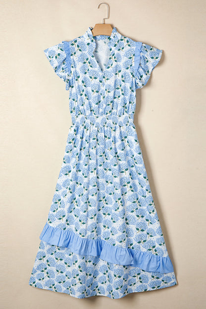 Sky Blue Hydrangea Floral Print Ruffle Trim Flutter Sleeve Long Dress