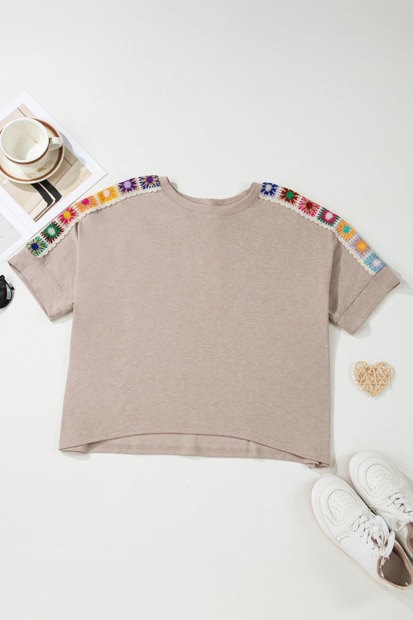 Parchment Granny Square Crochet Detail Loose T Shirt