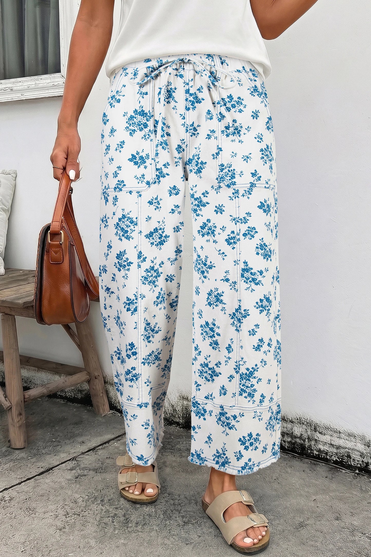 Sky Blue Floral Print Tie Waist Straight Leg Jeans