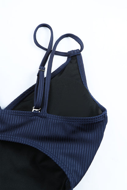 Blue Adjustable Straps Ribbed Knit One Piece Swimsuit