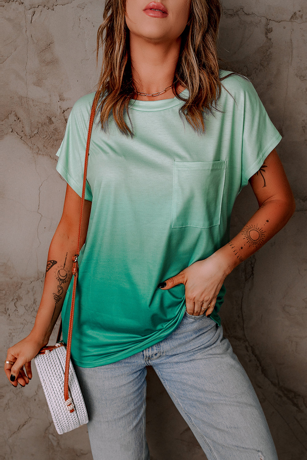 Green Gradient Color Short Sleeve T-Shirt with Pocket