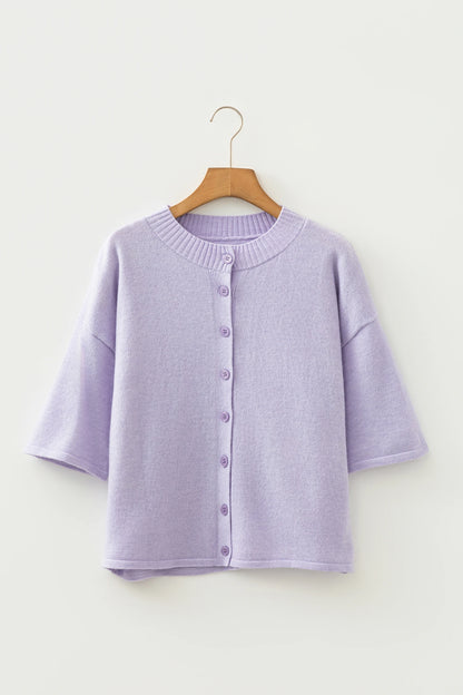 3/4 Sleeve Boxy Knit Button Down Sweater Cardigan