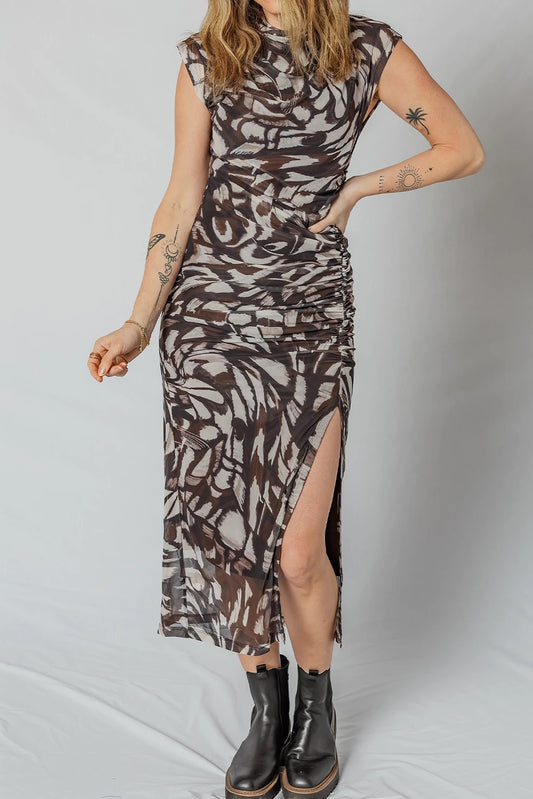 Brown Abstract Print Mesh Cowl Neck Cap Sleeve Ruched Midi Dress with Slit