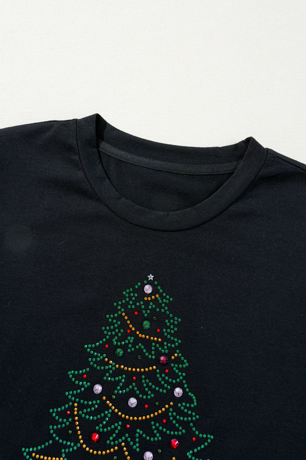 Black Rhinestone Christmas Tree Round Neck Graphic Tee