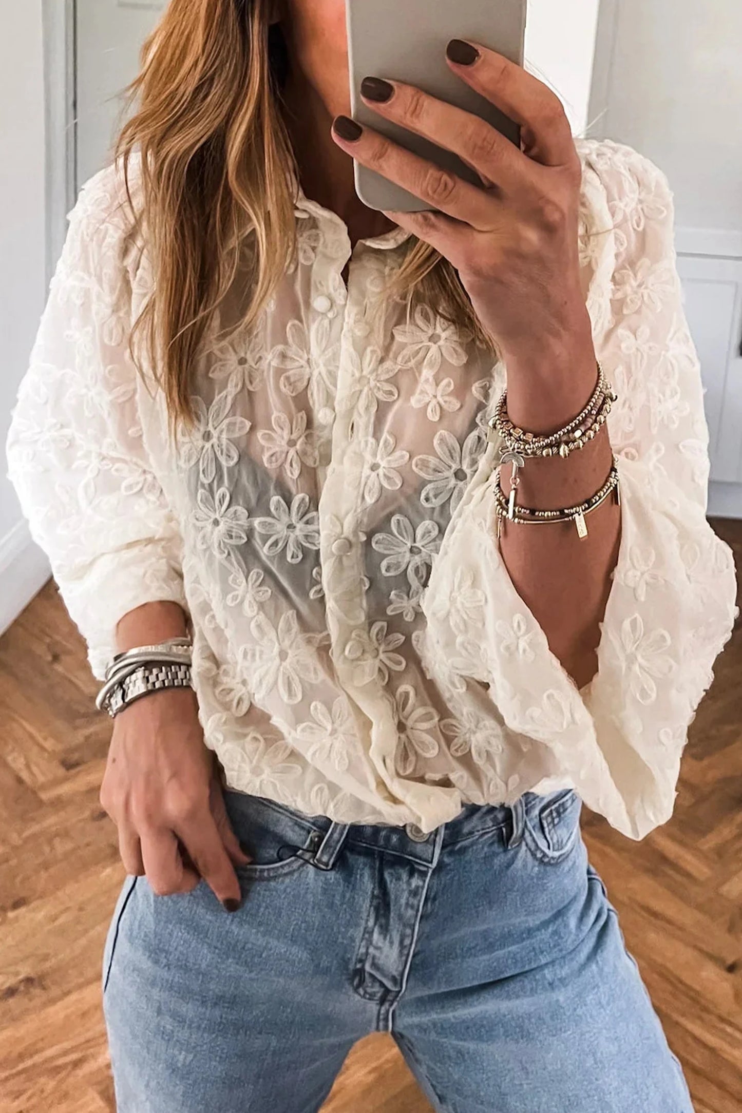 Beige Sheer Jacquard Floral Button-Down Long Sleeve Shirt