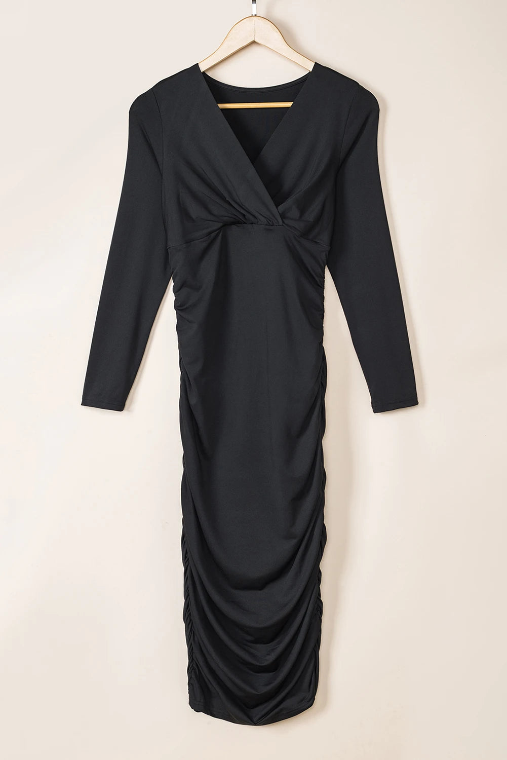 Long Sleeves Wrap V Neck Ruched Sheath Midi Dress
