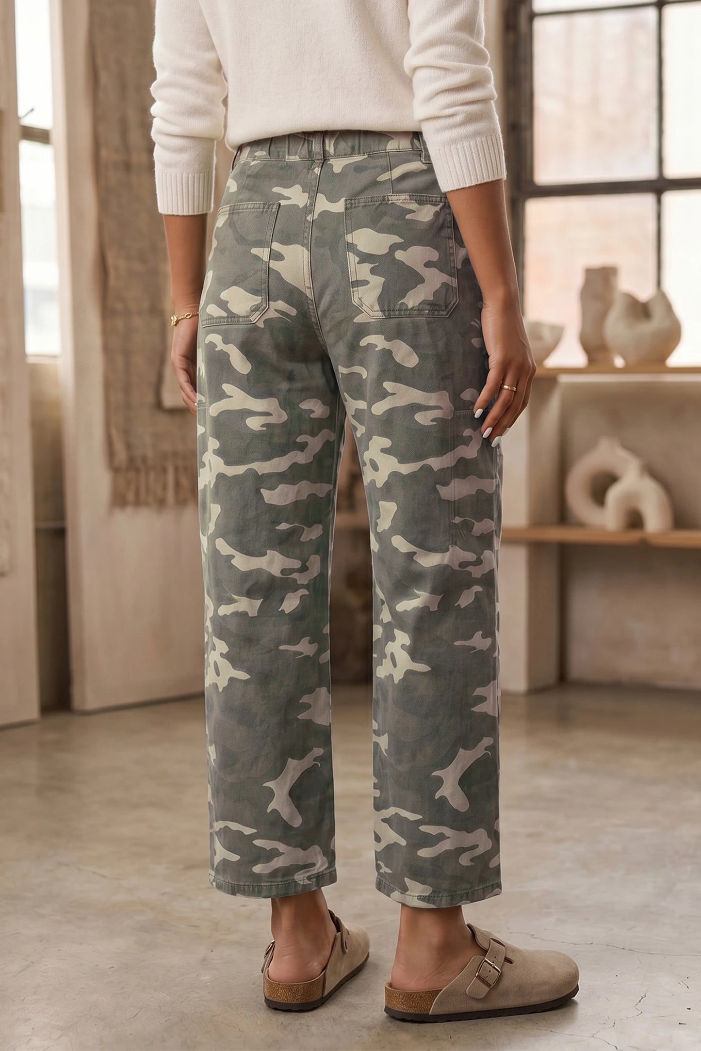 Printed Drawstring Elastic Waistband Pocketed Barrel Jeans