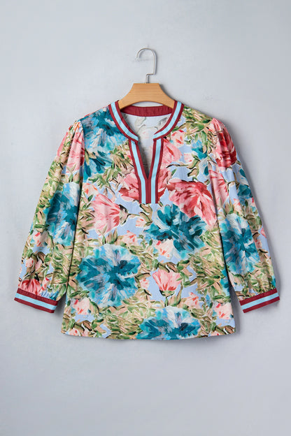 Sky Blue Contrast Trim V Neck Cuffed Bracelet Sleeve Floral Blouse