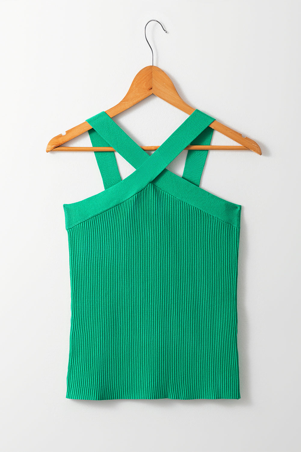 Green Ribbed Criss Cross Halter Neck Sheath Sweater Tank Top