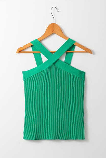 Green Ribbed Criss Cross Halter Neck Sheath Sweater Tank Top
