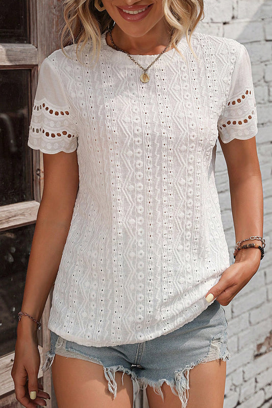 Eyelet Embroidery Scalloped Short Sleeve Top