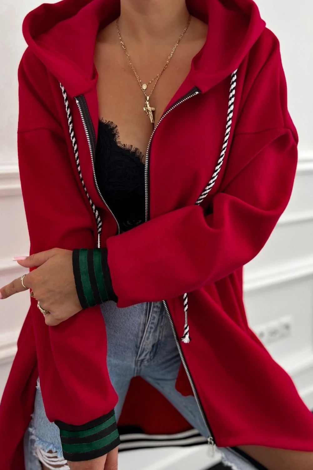 Contrast Cuffed Drop Shoulder Zip up Tunic Hoodie