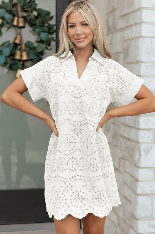 Solid Color Eyelet Embroidered T Shirt Mini Dress