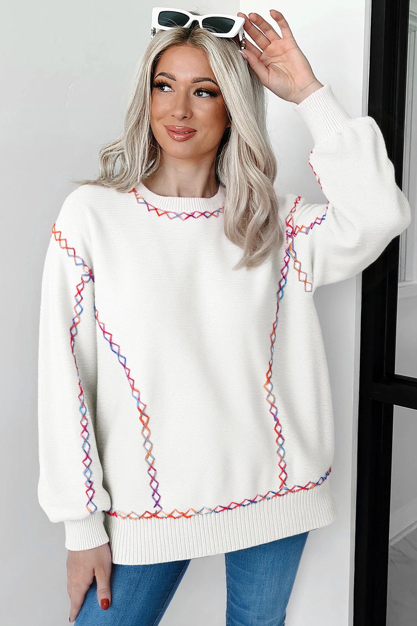 Rainbow Stitching Balloon Sleeve Relaxed Sweater