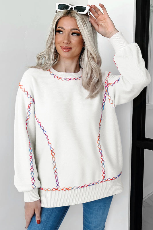 Rainbow Stitching Balloon Sleeve Relaxed Sweater