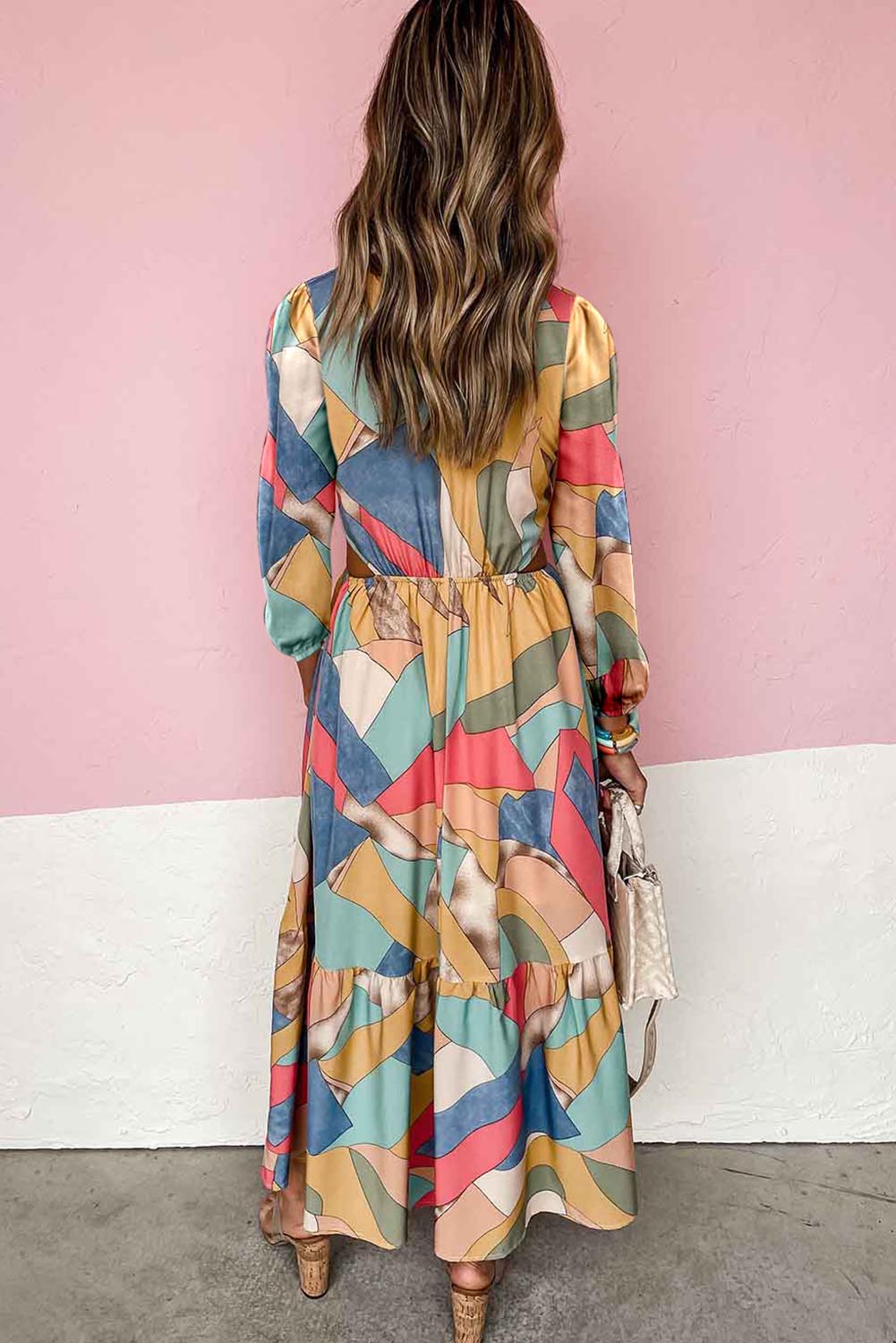 Multicolor Abstract Print O-ring Cut out Long Sleeve Maxi Dress