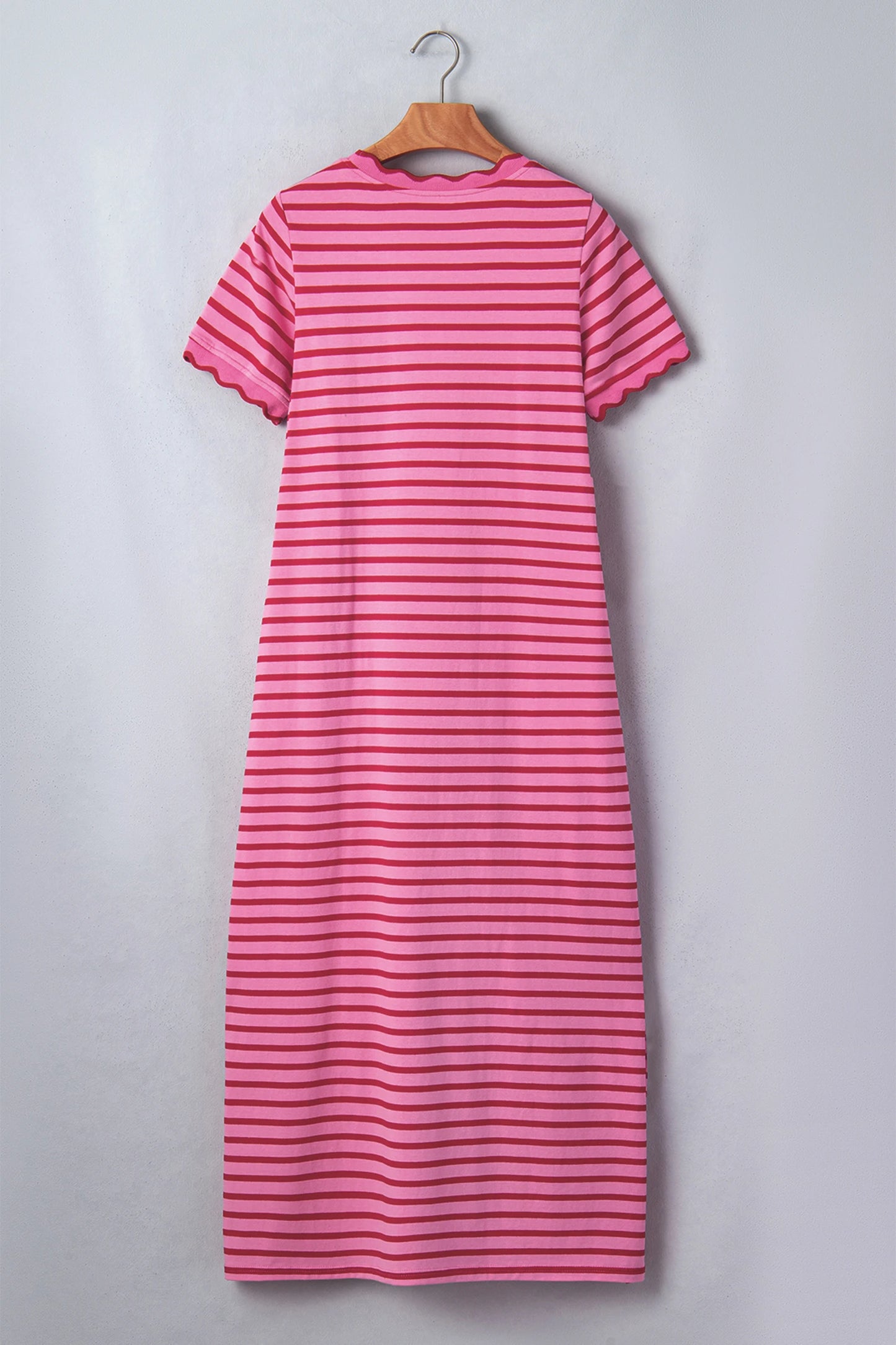 Rose Stripe Striped Short Sleeve Scalloped Trim Side Slit T-Shirt Dress