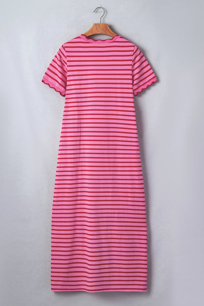 Rose Stripe Striped Short Sleeve Scalloped Trim Side Slit T-Shirt Dress