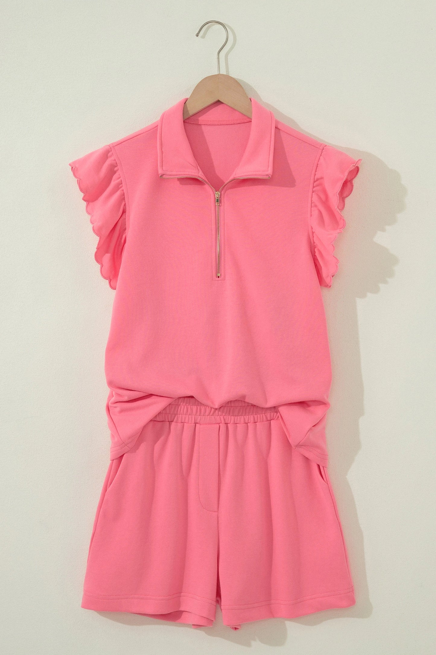 Coral Paradise Half Zipped Ruffled Short Set