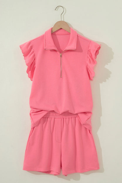 Coral Paradise Half Zipped Ruffled Short Set