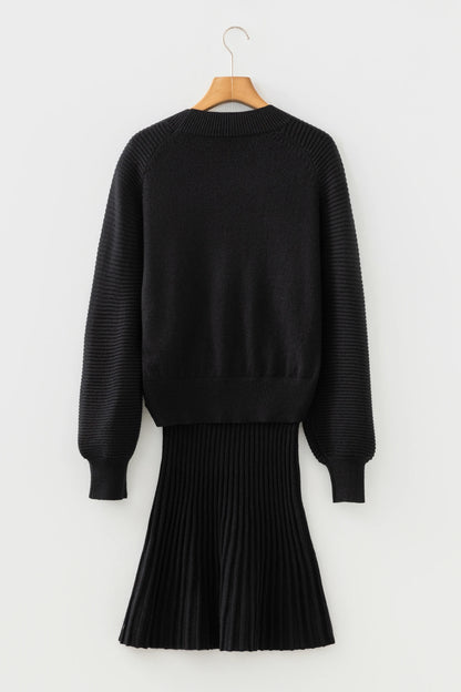 Black High Neck Puff Sleeve Sweater Pleated Mini Skirt 2pcs Knitted Outfit