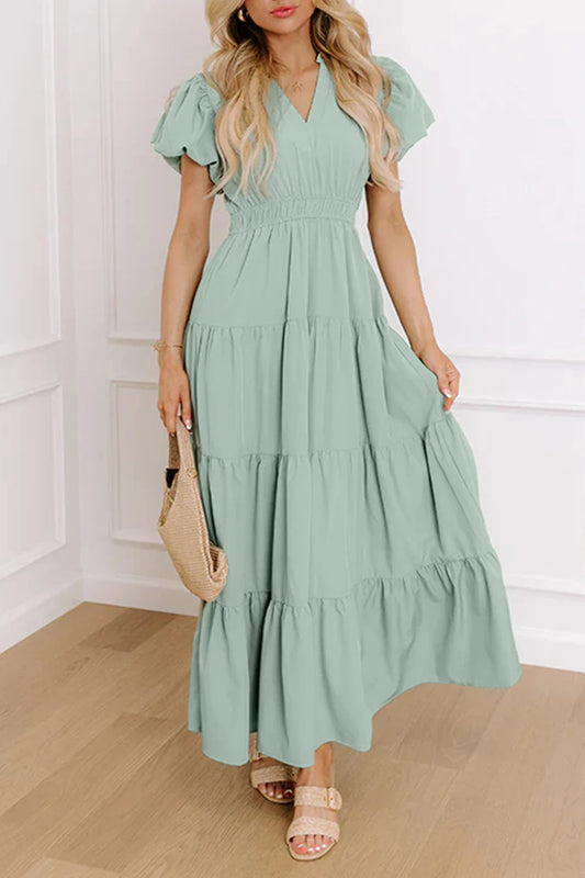Solid Color V Neck Short Puff Sleeve High Waist Tiered Maxi Dress