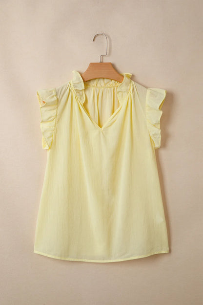 Yellow Cream V Neck Ruffle Trim Sleeveless Shift Top