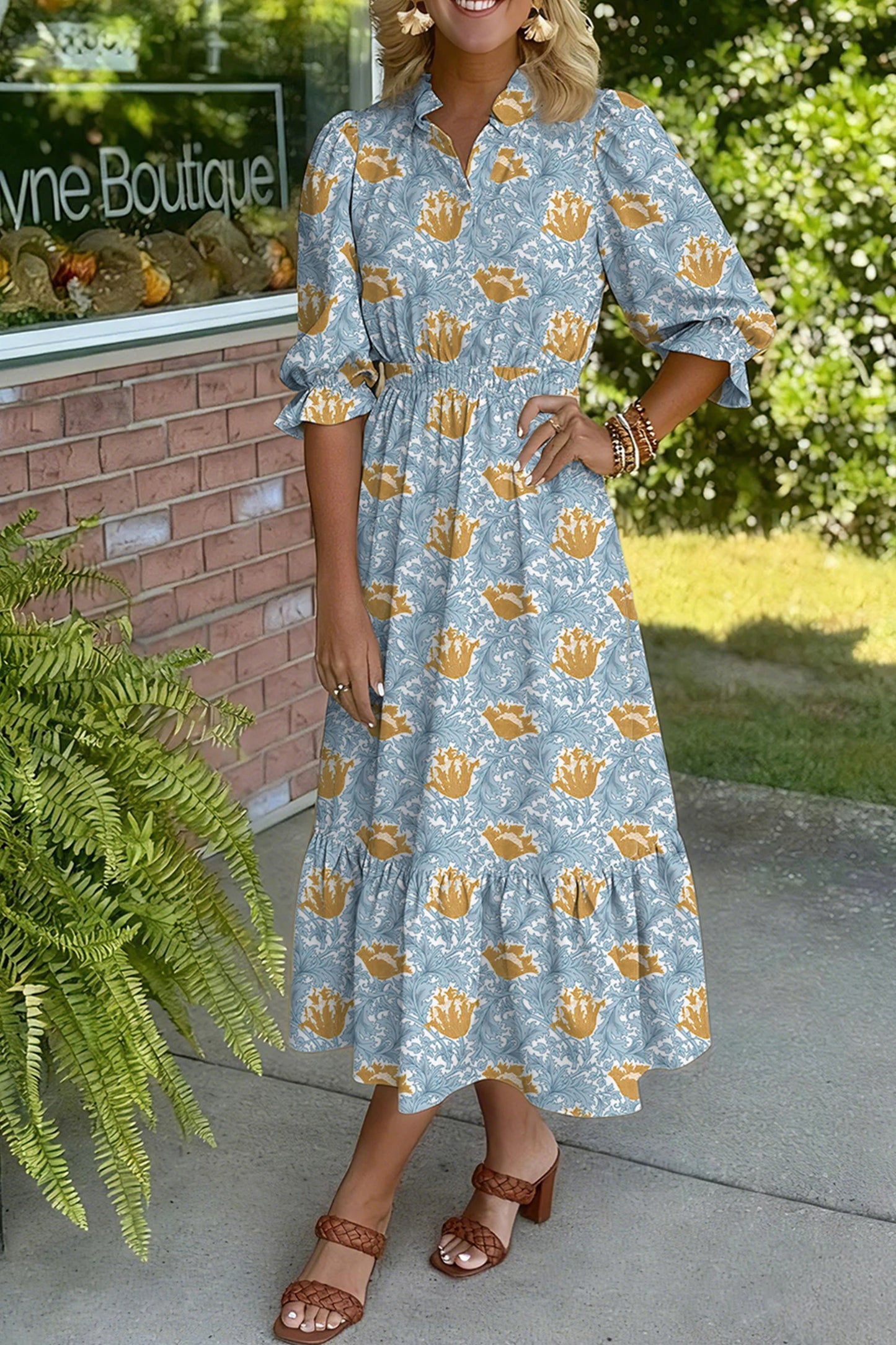 Brown Floral Printed Frilled V Neck Bracelet Sleeve Long Dress