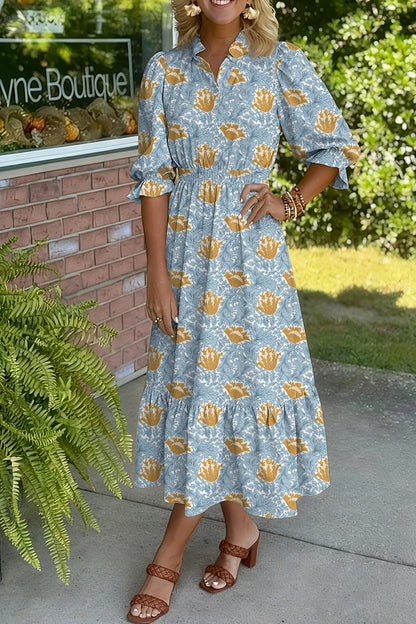 Brown Floral Printed Frilled V Neck Bracelet Sleeve Long Dress